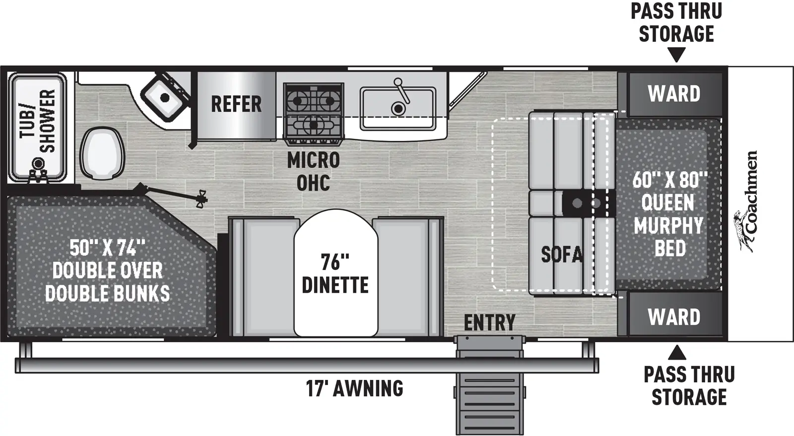 The 22SE has no slide outs and one entry door. Exterior features front pass-thru storage and a 17 foot awning. Interior layout front to back: queen murphy bed sofa with wardrobes on each side; off-door side kitchen counter with sink, cooktop, overhead cabinet, microwave, and refrigerator; door side entry, and dinette; rear off-door side full bathroom; rear door side double over double bunks.